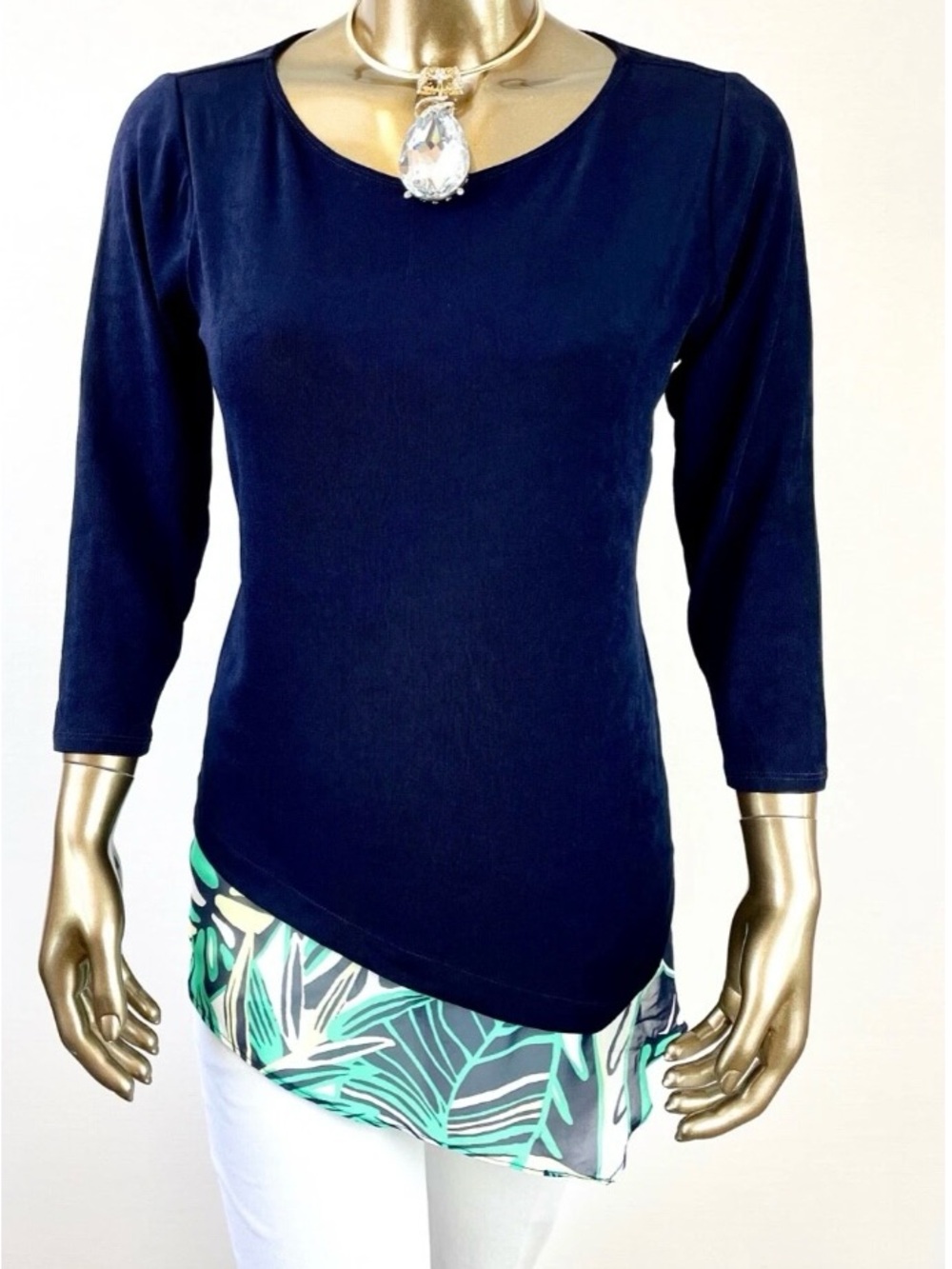 NWOT Chicos Navy Womens Top Asymmetric Leaf Scarf Hem 3/4 Sleeve Sz 1 (8/10)